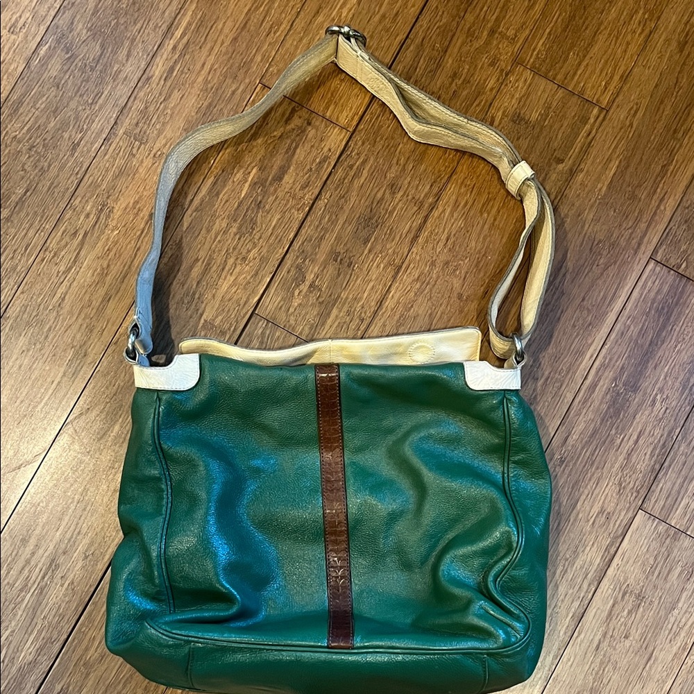 Orla Kiely Leather Retro Shoulder Bag Green Ivory - Picture 2 of 11
